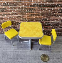 1:12 Dollhouse mid-century style dinette table set with two orange chairs REF Yellow laminate top
