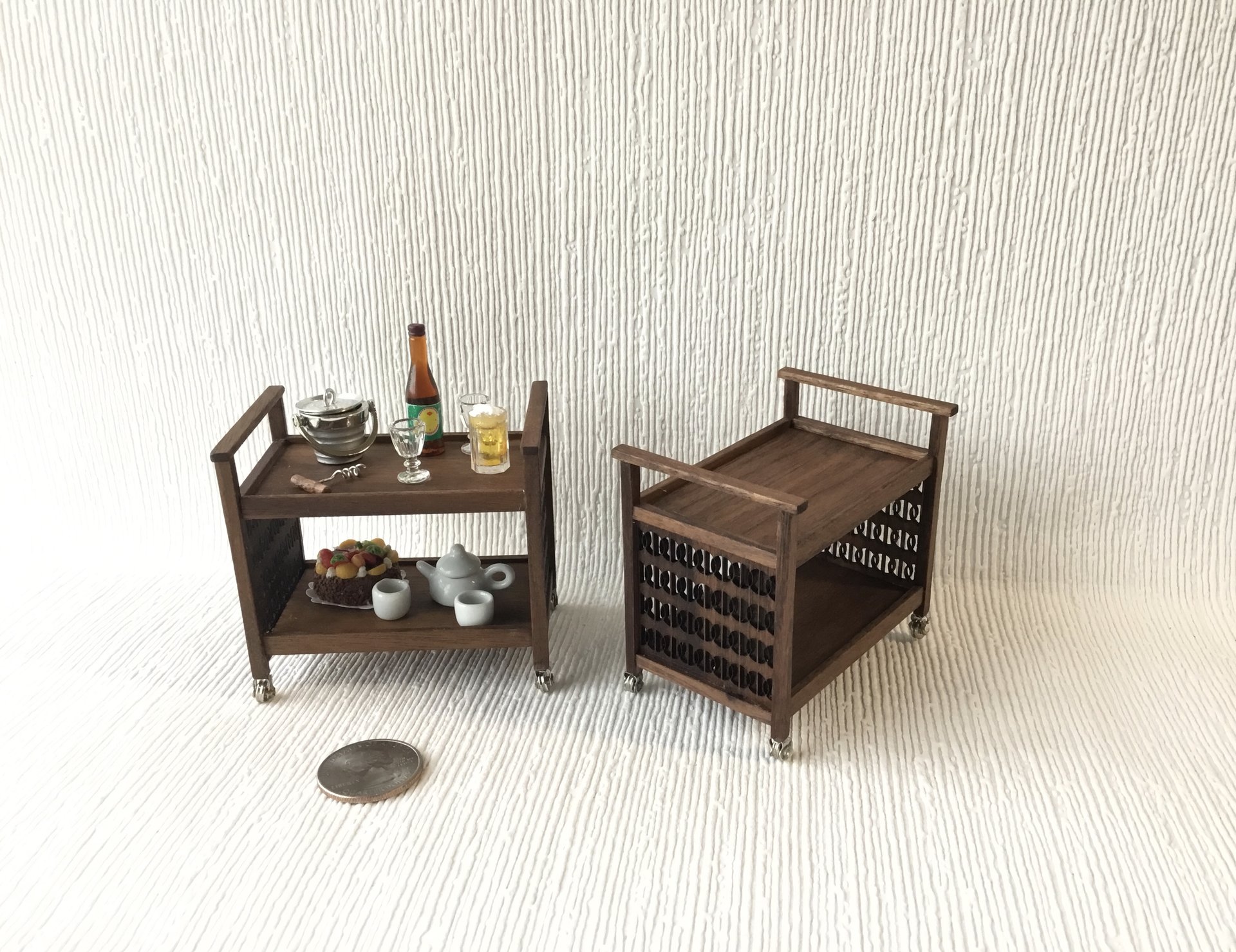 1:12 Dollhouse Mid-century styled TV cart in solid walnut MCM bar cart or tea trolley or beverage cart