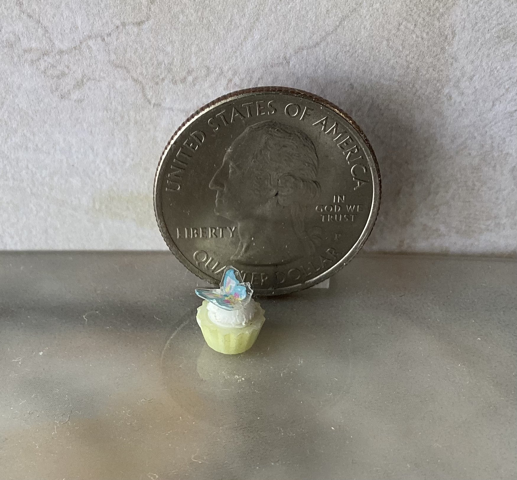 1:12 Dollhouse miniature cupcake with white cream and blue butterfly topper