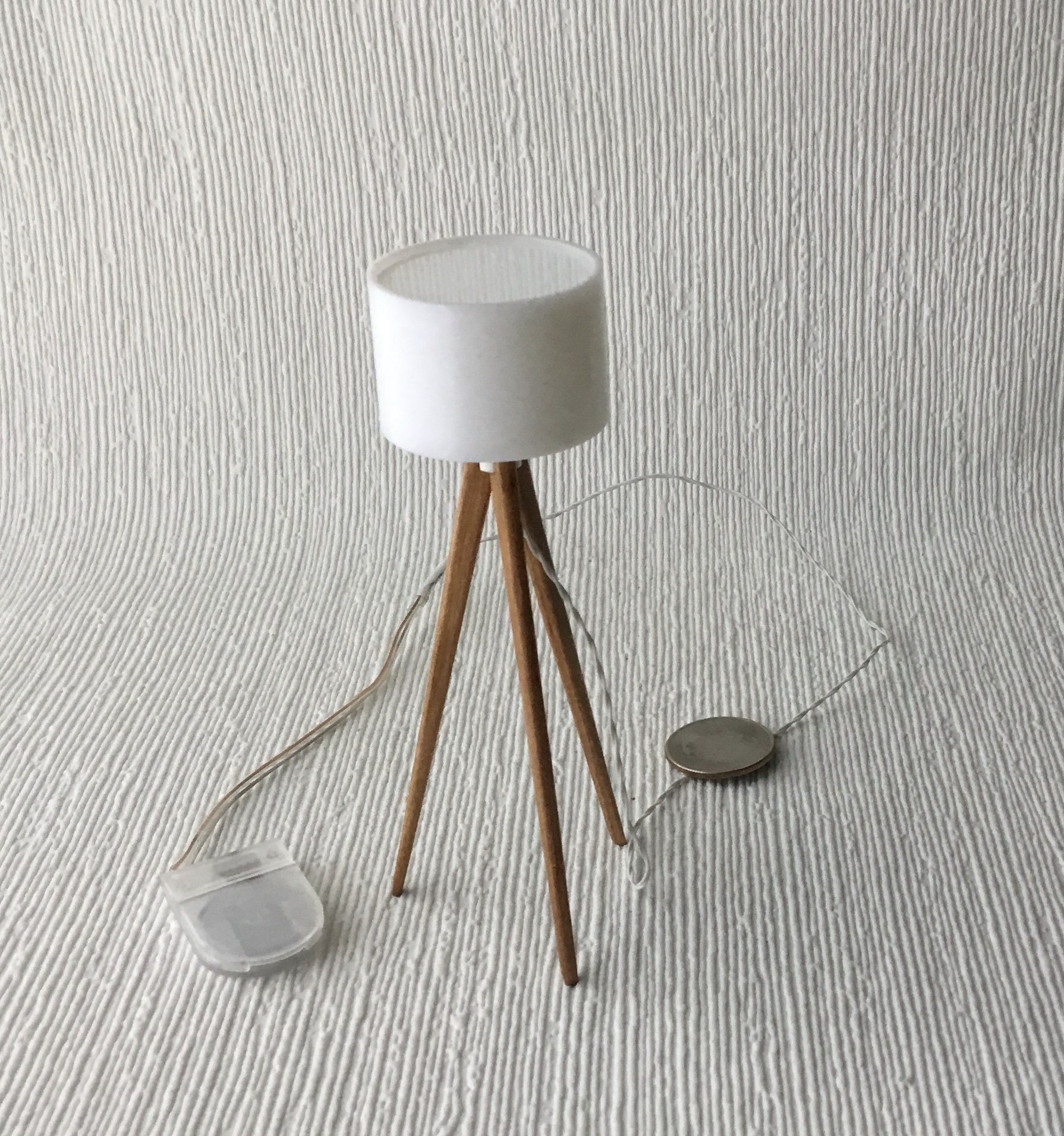 RESERVED 1:12 Dollhouse miniature tripod floor lamp cherry wood legs Modern tripod lamp Battery operated floor lamp with external wires