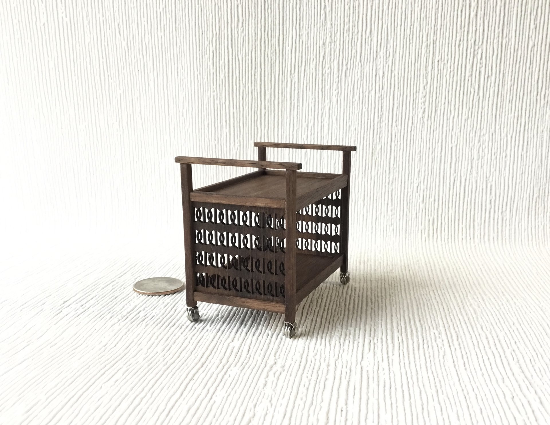 1:12 Dollhouse Mid-century styled TV cart in solid walnut MCM bar cart or tea trolley or beverage cart