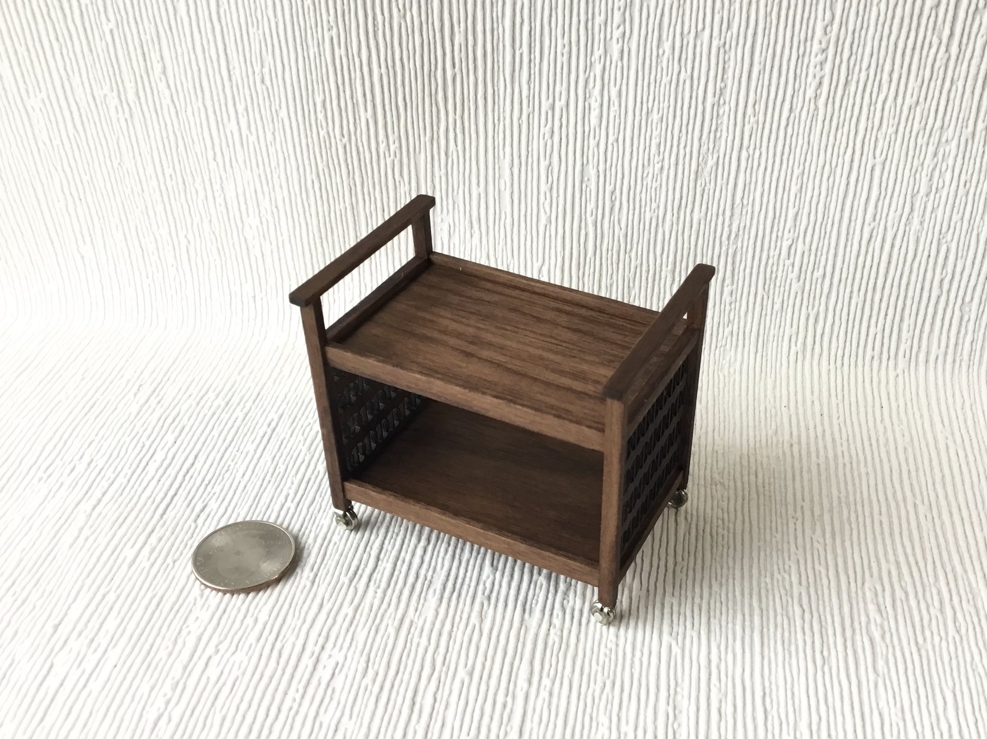 1:12 Dollhouse Mid-century styled TV cart in solid walnut MCM bar cart or tea trolley or beverage cart