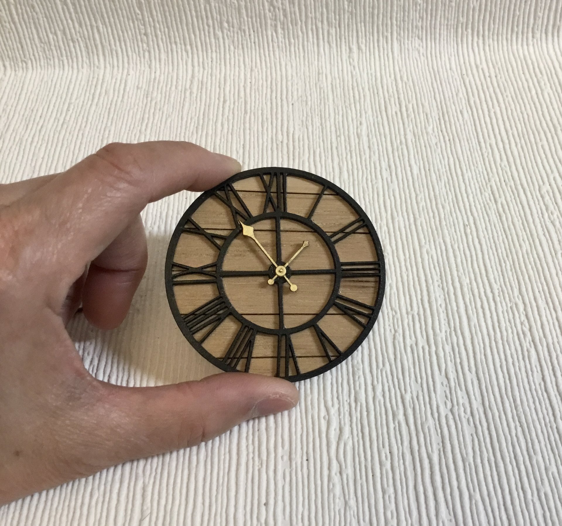 1:12 Dollhouse farmhouse wall clock with roman numerals Faux wrought iron and hickory wall clock Decorative non-working dollhouse clock