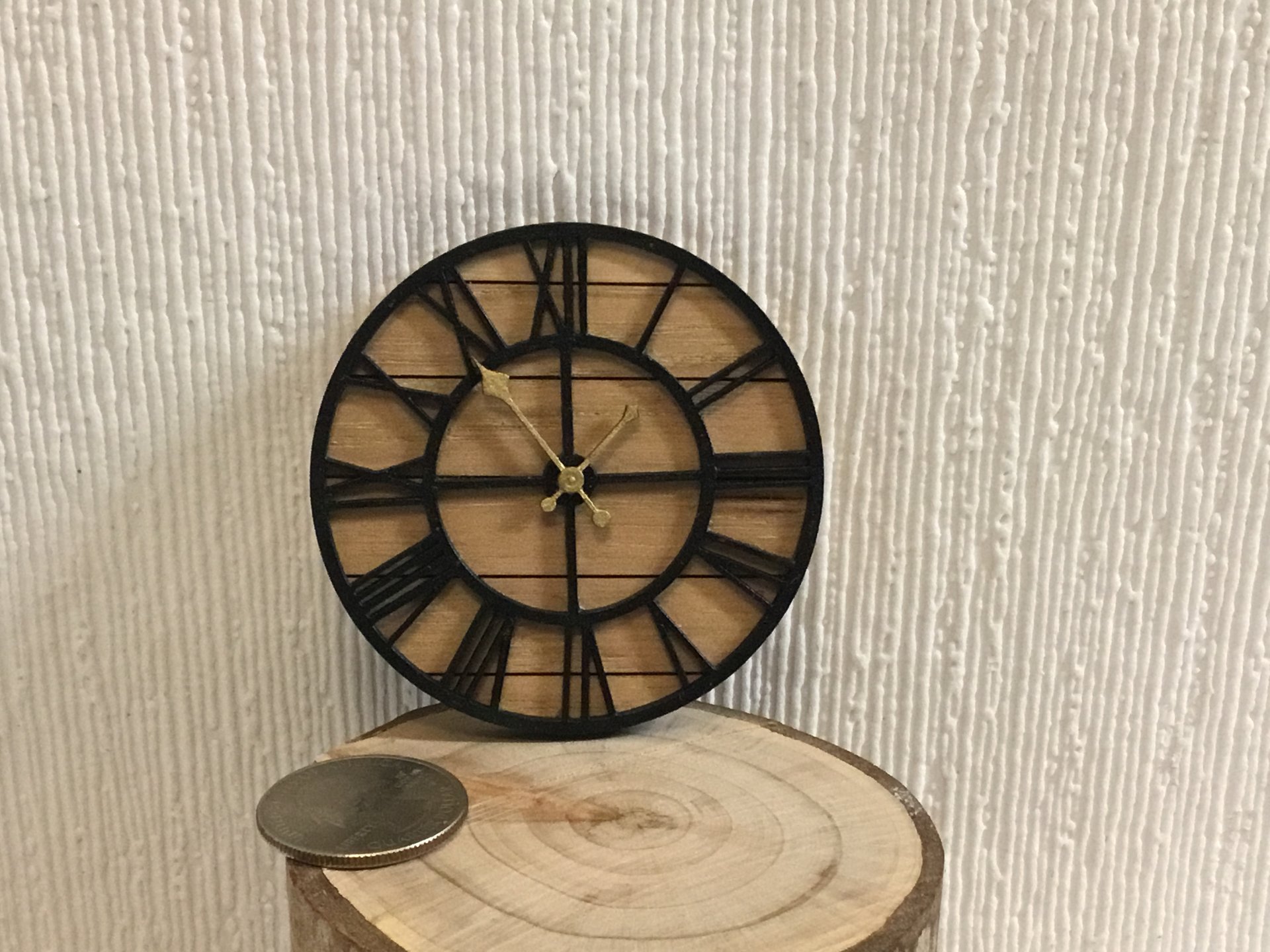 1:12 Dollhouse farmhouse wall clock with roman numerals Faux wrought iron and hickory wall clock Decorative non-working dollhouse clock