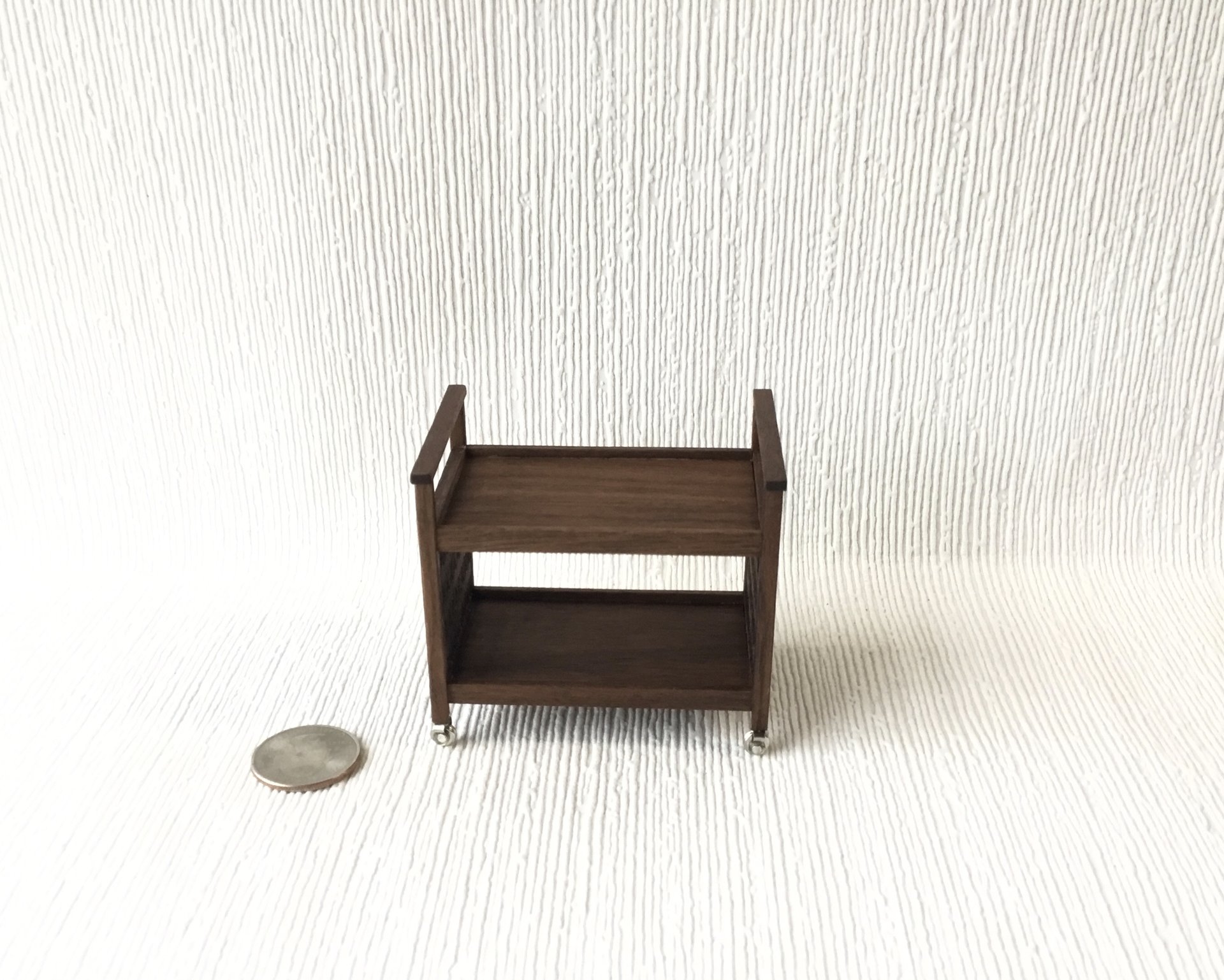 1:12 Dollhouse Mid-century styled TV cart in solid walnut MCM bar cart or tea trolley or beverage cart