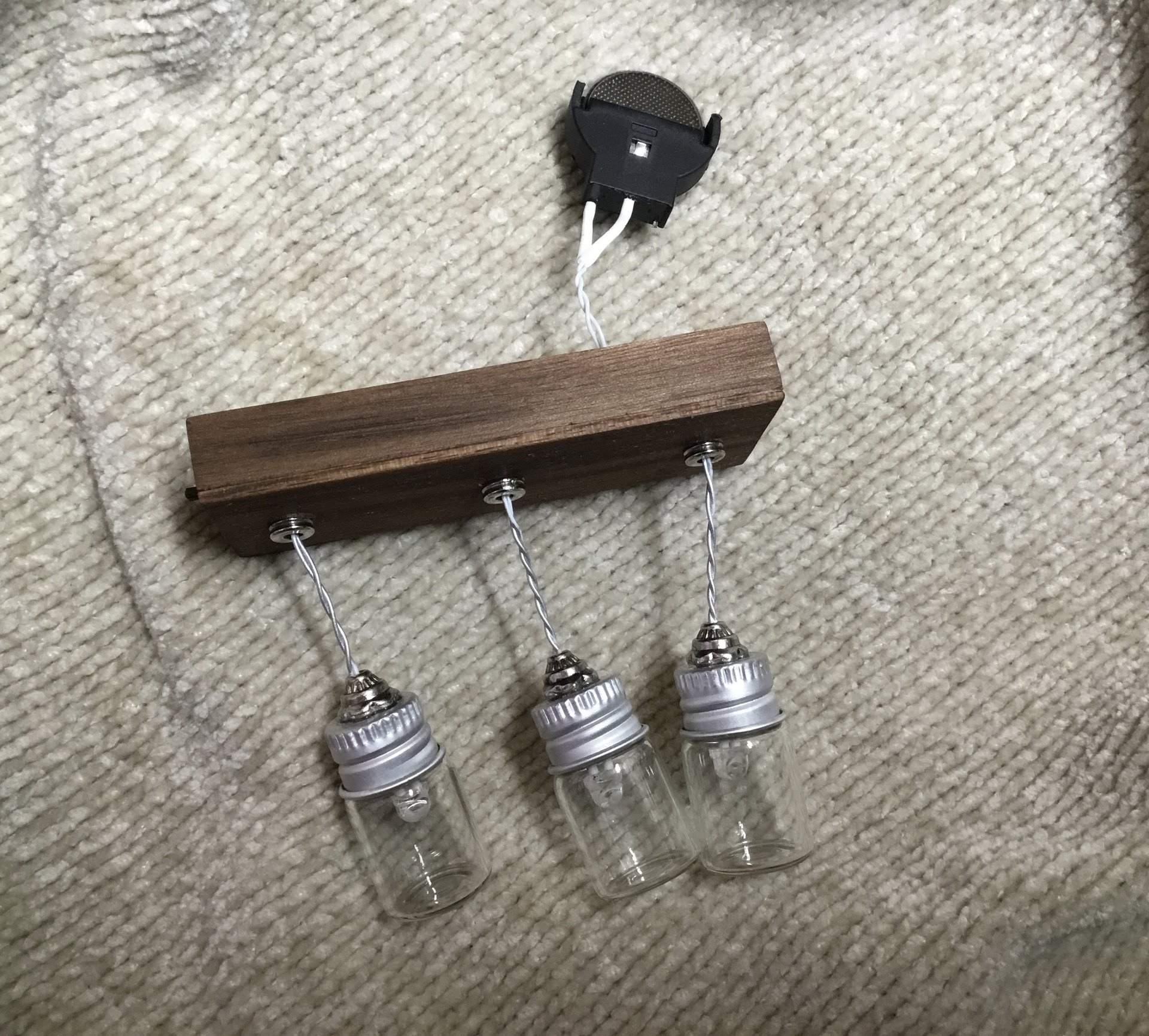 1:12 dollhouse battery operated glass jar lights Working kitchen island hanging 3-light with glass jar shades Dollhouse LED light