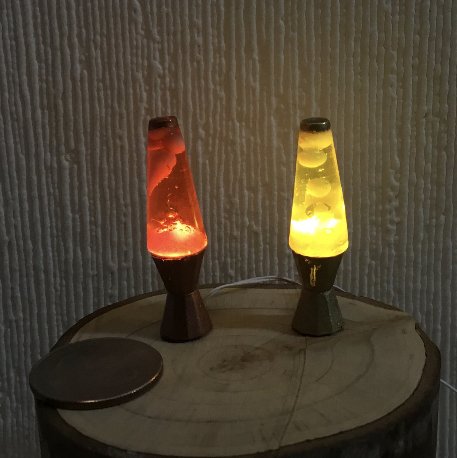 RESERVED 1:12 Dollhouse miniature retro lava lamps (two units) Battery operated LED table lamp MCM style with external wires