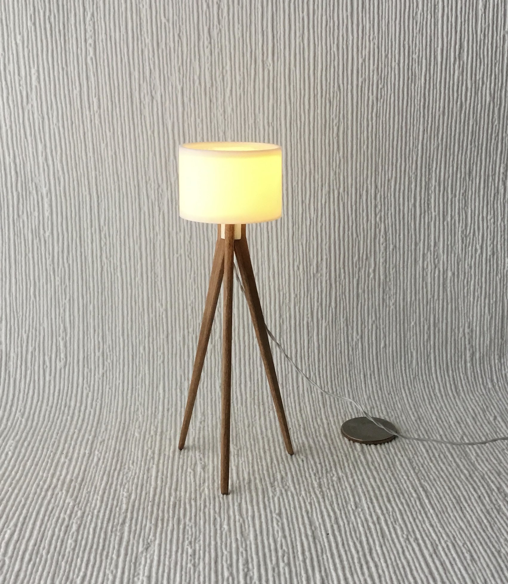 RESERVED 1:12 Dollhouse miniature tripod floor lamp cherry wood legs Modern tripod lamp Battery operated floor lamp with external wires