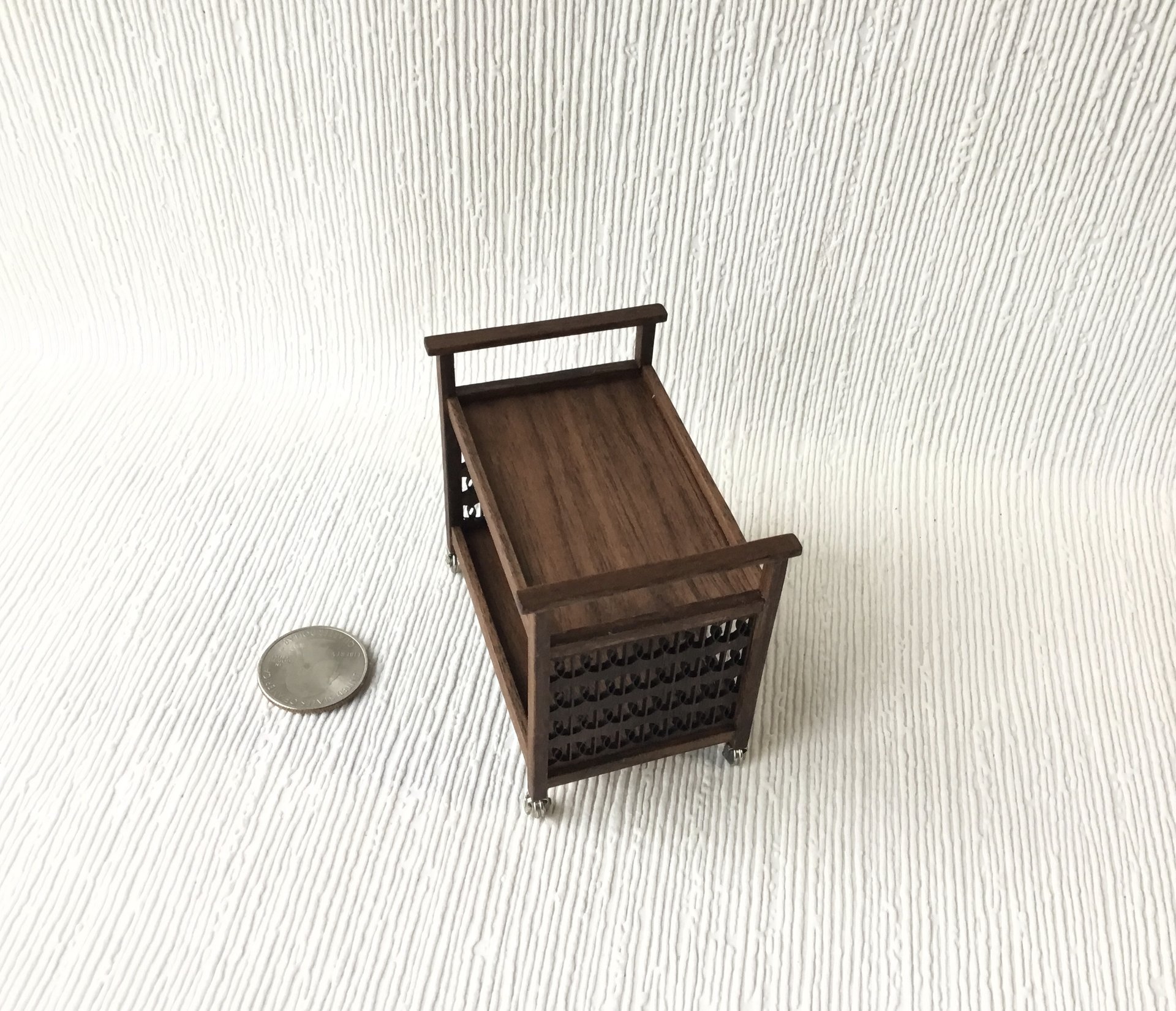 1:12 Dollhouse Mid-century styled TV cart in solid walnut MCM bar cart or tea trolley or beverage cart