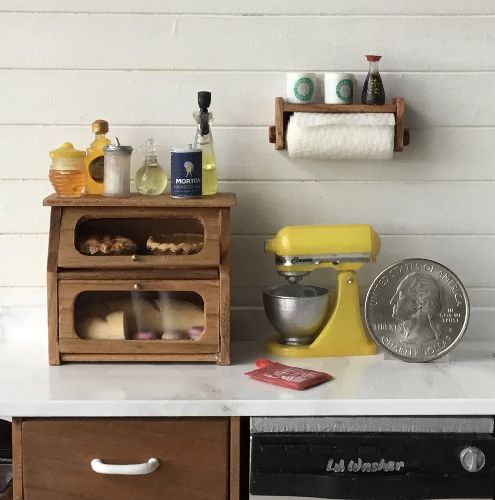 1:12 Dollhouse wall-mounted or under cabinet paper towel holder with shelf in solid cherry wood