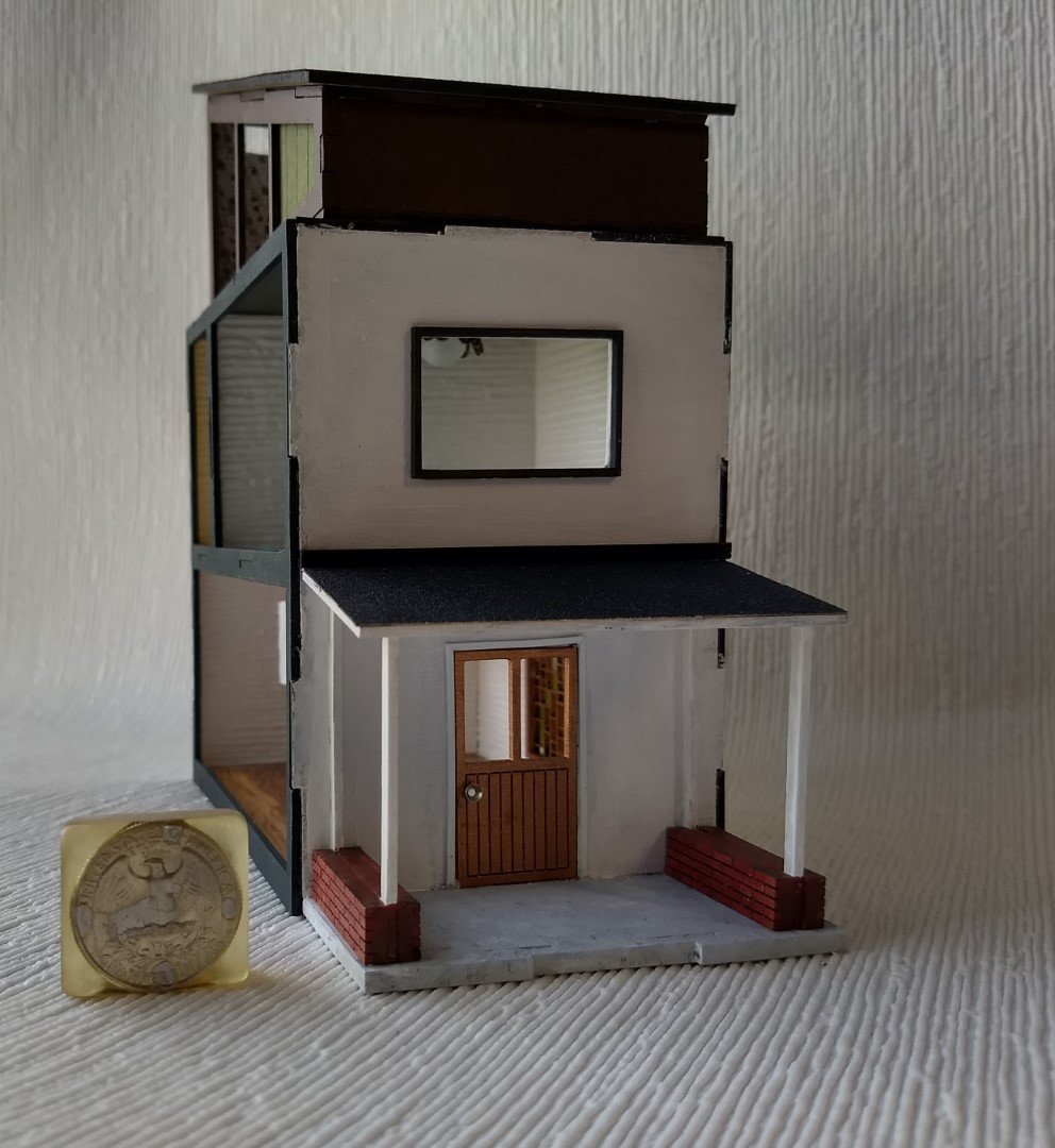 Quarter scale 1:48 modern dollhouse with five ceiling lights complete flooring wall papering 2 planters and welcome door mat
