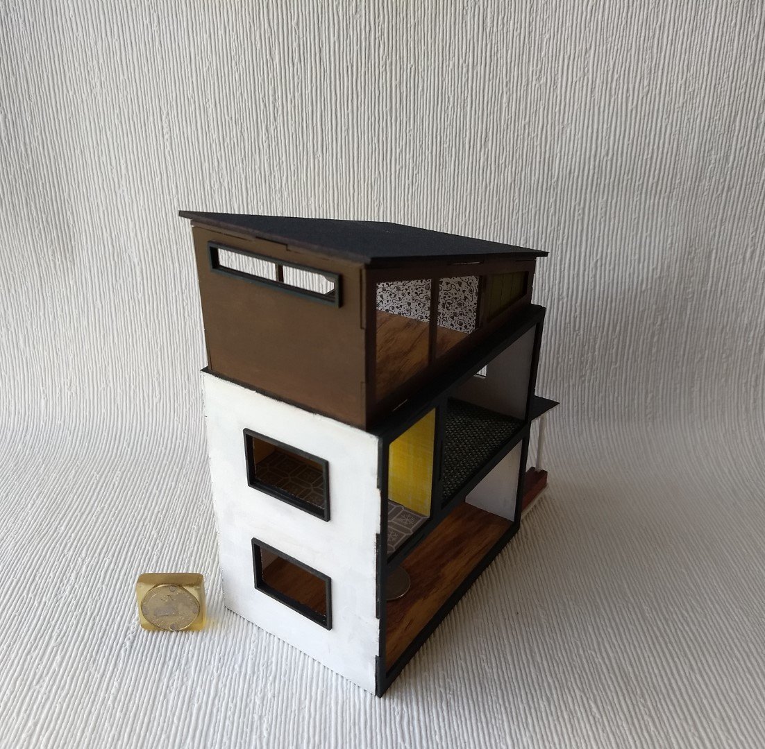Quarter scale 1:48 modern dollhouse with five ceiling lights complete flooring wall papering 2 planters and welcome door mat