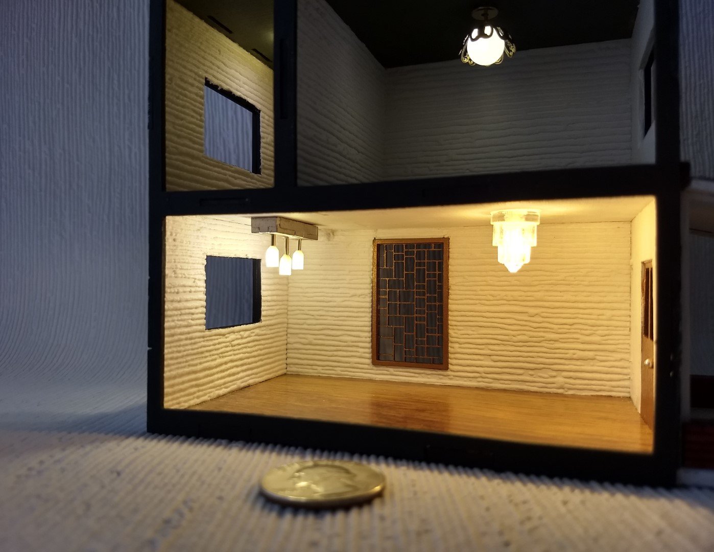 Quarter scale 1:48 modern dollhouse with five ceiling lights complete flooring wall papering 2 planters and welcome door mat