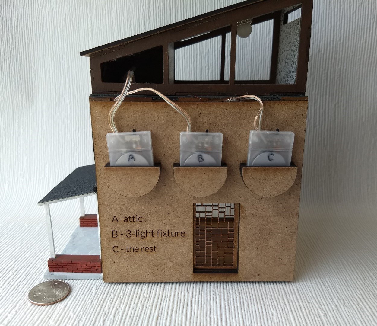 Quarter scale 1:48 modern dollhouse with five ceiling lights complete flooring wall papering 2 planters and welcome door mat