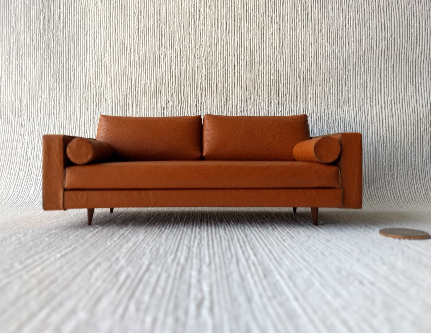 1:12 Dollhouse miniature mid-century style leather sofa in burnt orange color with tapered walnut legs