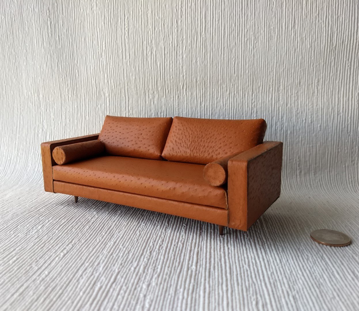 1:12 Dollhouse miniature mid-century style leather sofa in burnt orange color with tapered walnut legs