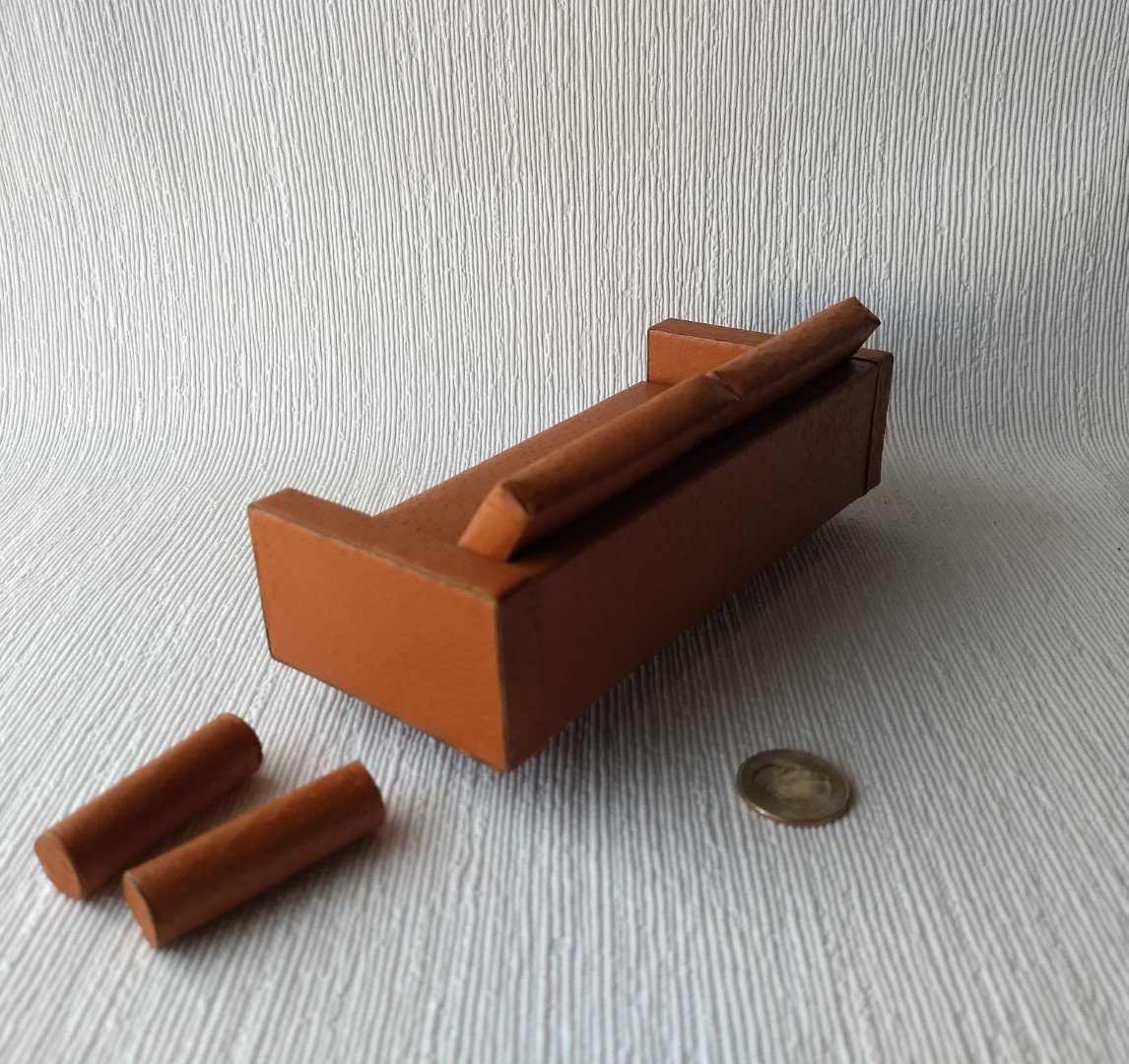 1:12 Dollhouse miniature mid-century style leather sofa in burnt orange color with tapered walnut legs