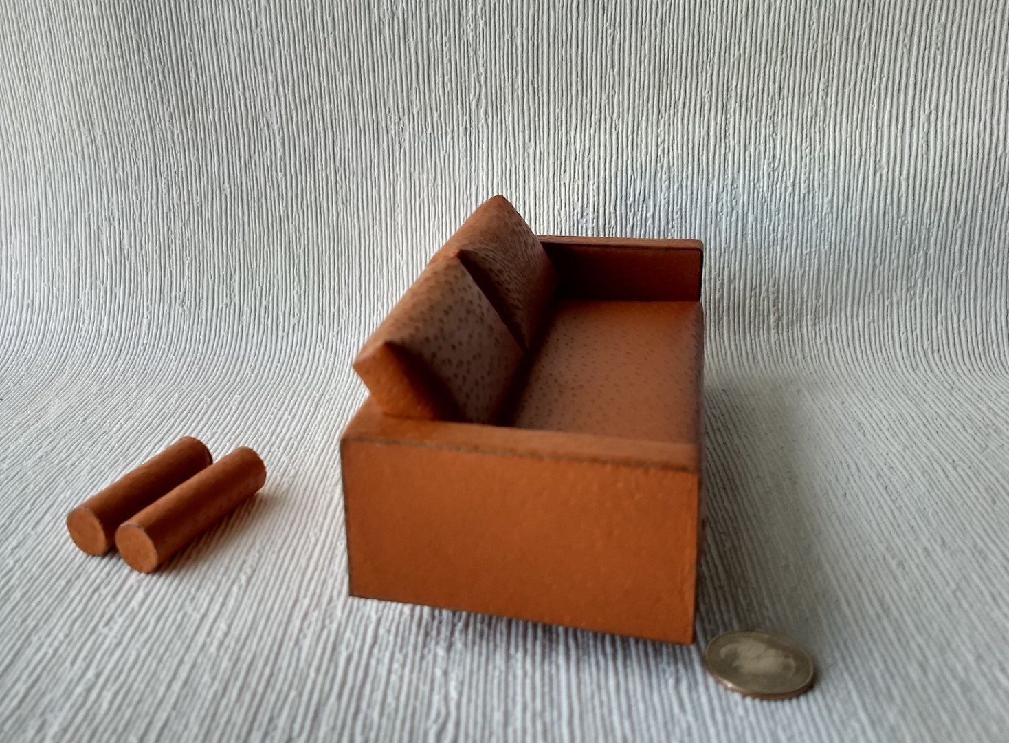 1:12 Dollhouse miniature mid-century style leather sofa in burnt orange color with tapered walnut legs
