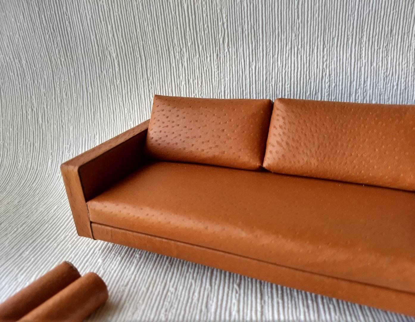 1:12 Dollhouse miniature mid-century style leather sofa in burnt orange color with tapered walnut legs