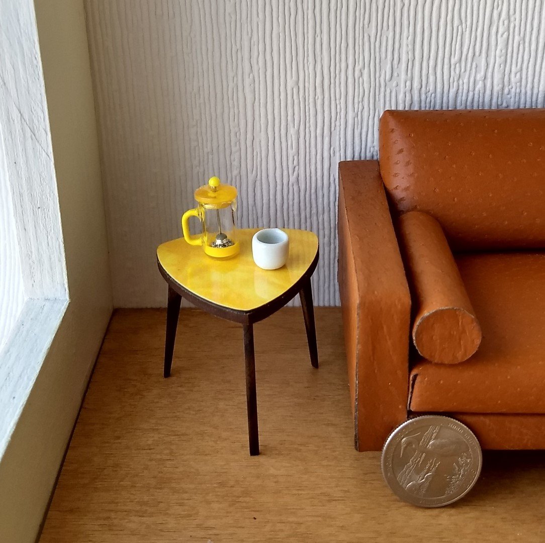 1:12 Dollhouse miniature mid-century style side table or plant stand Triangular end table with splayed walnut legs 3-legs side table