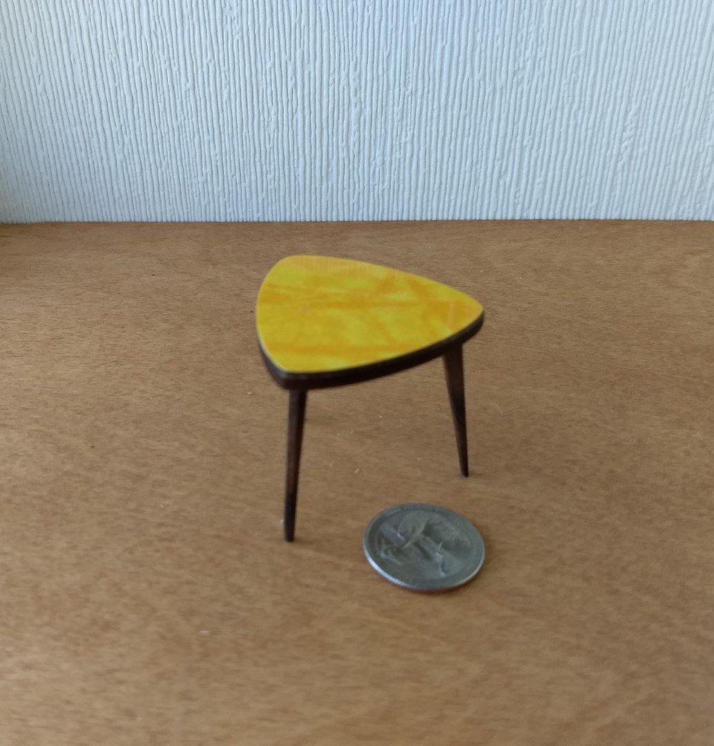 1:12 Dollhouse miniature mid-century style side table or plant stand Triangular end table with splayed walnut legs 3-legs side table