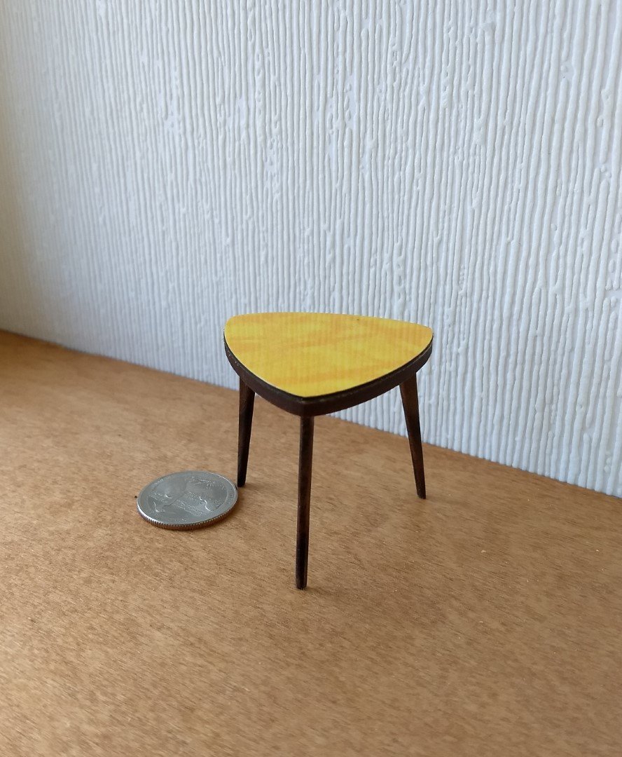 1:12 Dollhouse miniature mid-century style side table or plant stand Triangular end table with splayed walnut legs 3-legs side table