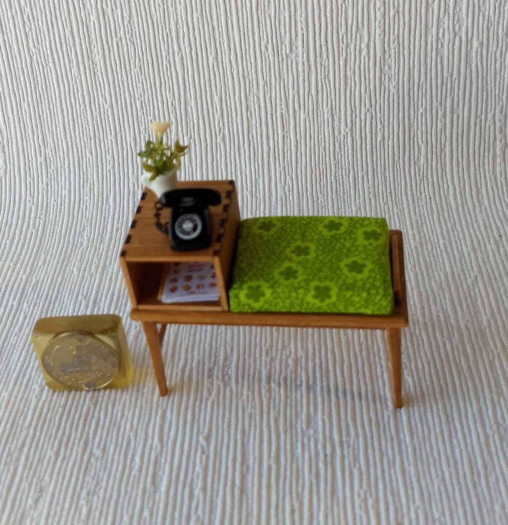 1:12 Dollhouse mid-century style telephone bench Gossip bench in cherry wood with open shelf MCM telephone table