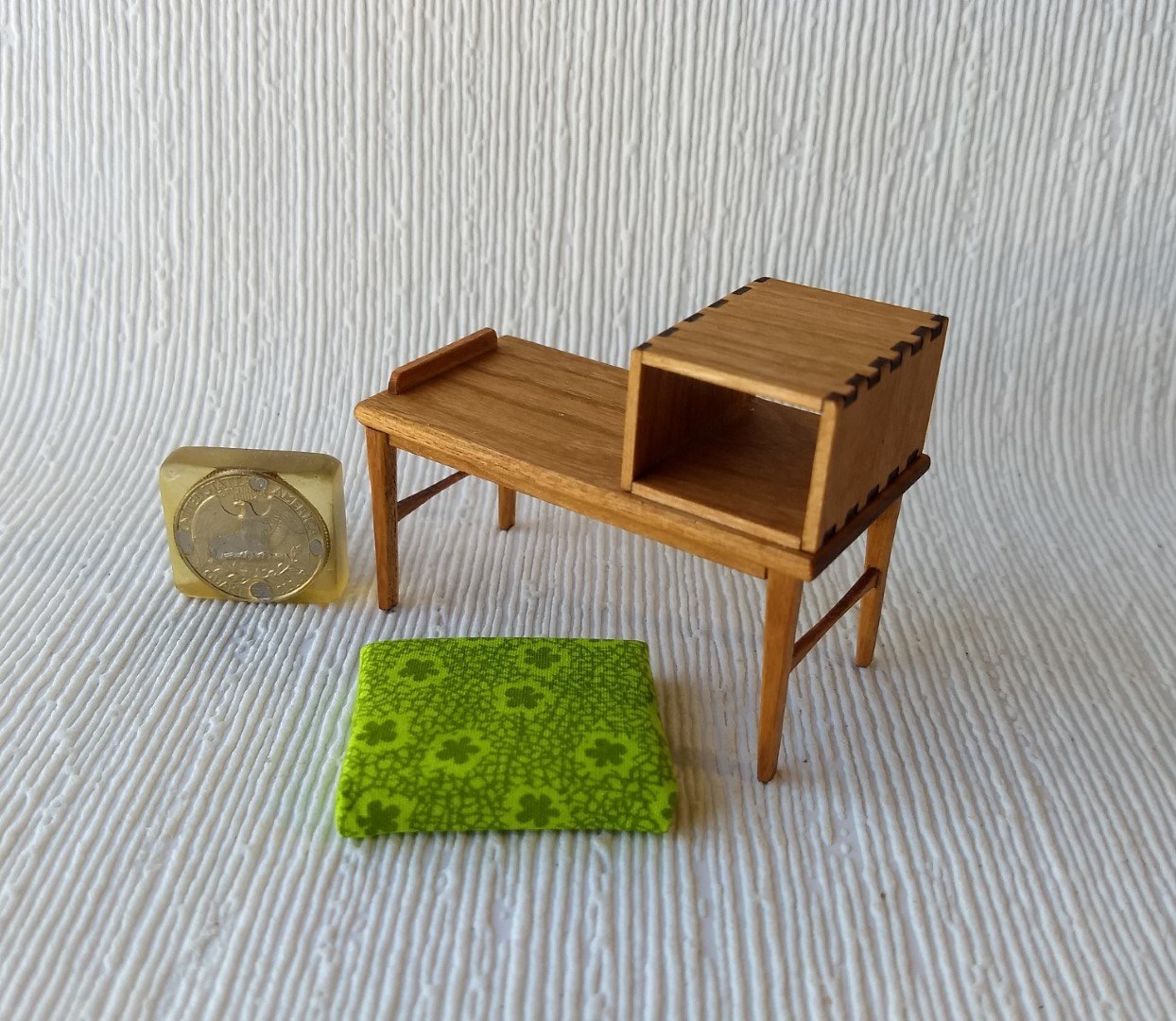 1:12 Dollhouse mid-century style telephone bench Gossip bench in cherry wood with open shelf MCM telephone table