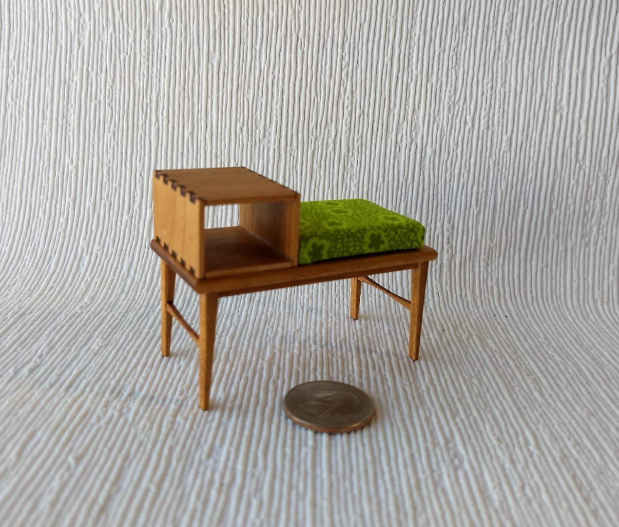 1:12 Dollhouse mid-century style telephone bench Gossip bench in cherry wood with open shelf MCM telephone table
