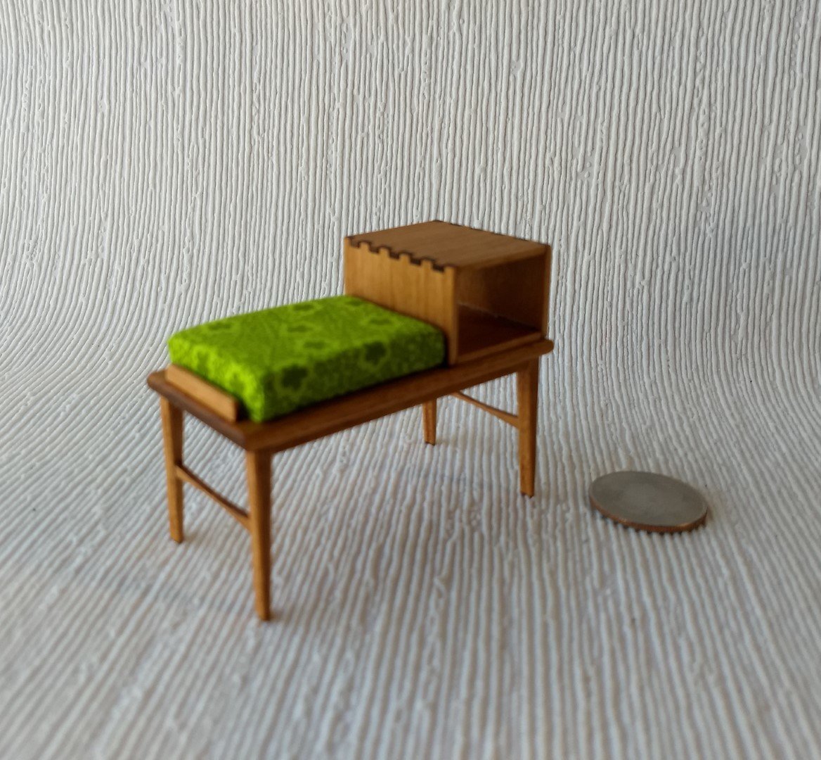 1:12 Dollhouse mid-century style telephone bench Gossip bench in cherry wood with open shelf MCM telephone table