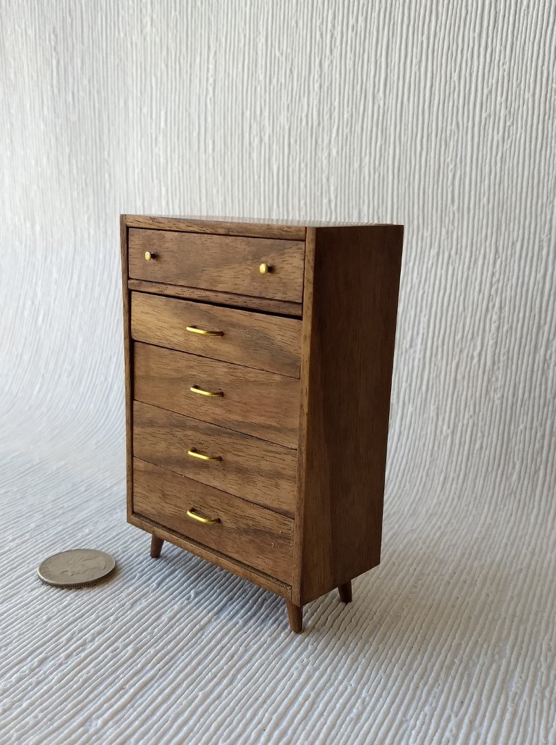 1:12 Dollhouse tall dresser in walnut Chest of 5 drawers mid-century modern MCM walnut dresser