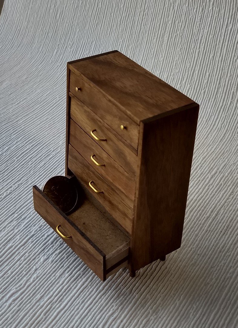 1:12 Dollhouse tall dresser in walnut Chest of 5 drawers mid-century modern MCM walnut dresser