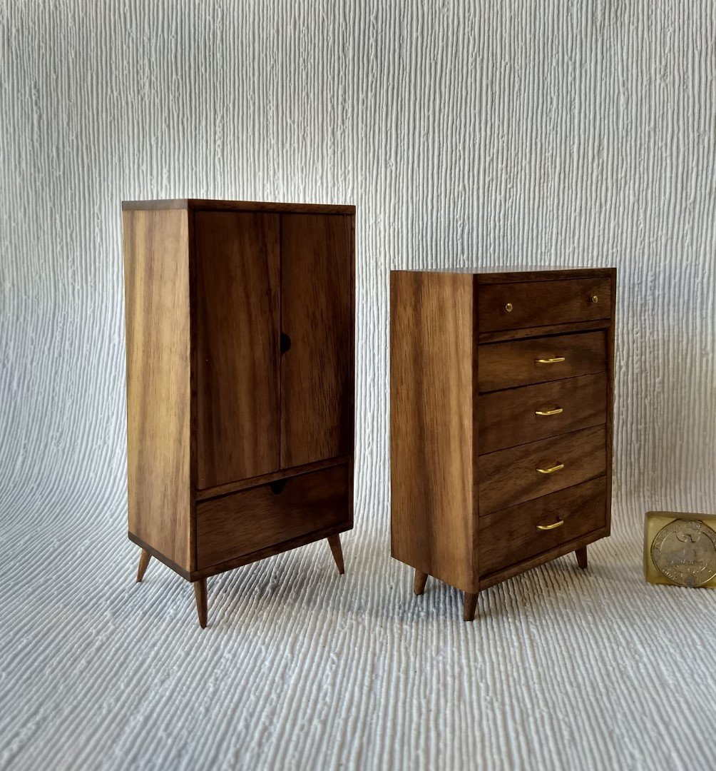 1:12 Dollhouse tall dresser in walnut Chest of 5 drawers mid-century modern MCM walnut dresser