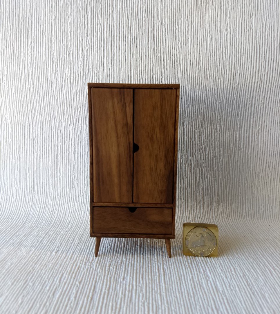 1:12 Dollhouse mid-century style wardrobe in walnut MCM armoire comes with 3 clothes hangers
