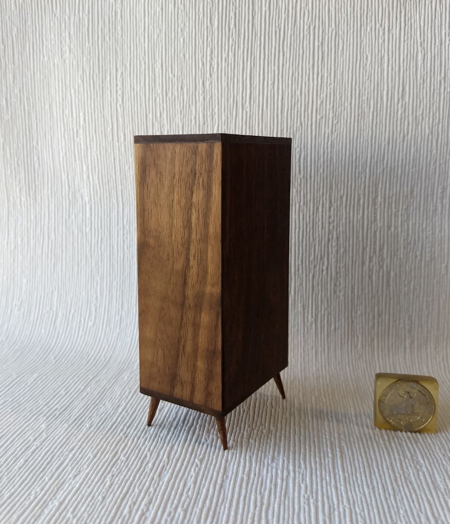 1:12 Dollhouse mid-century style wardrobe in walnut MCM armoire comes with 3 clothes hangers