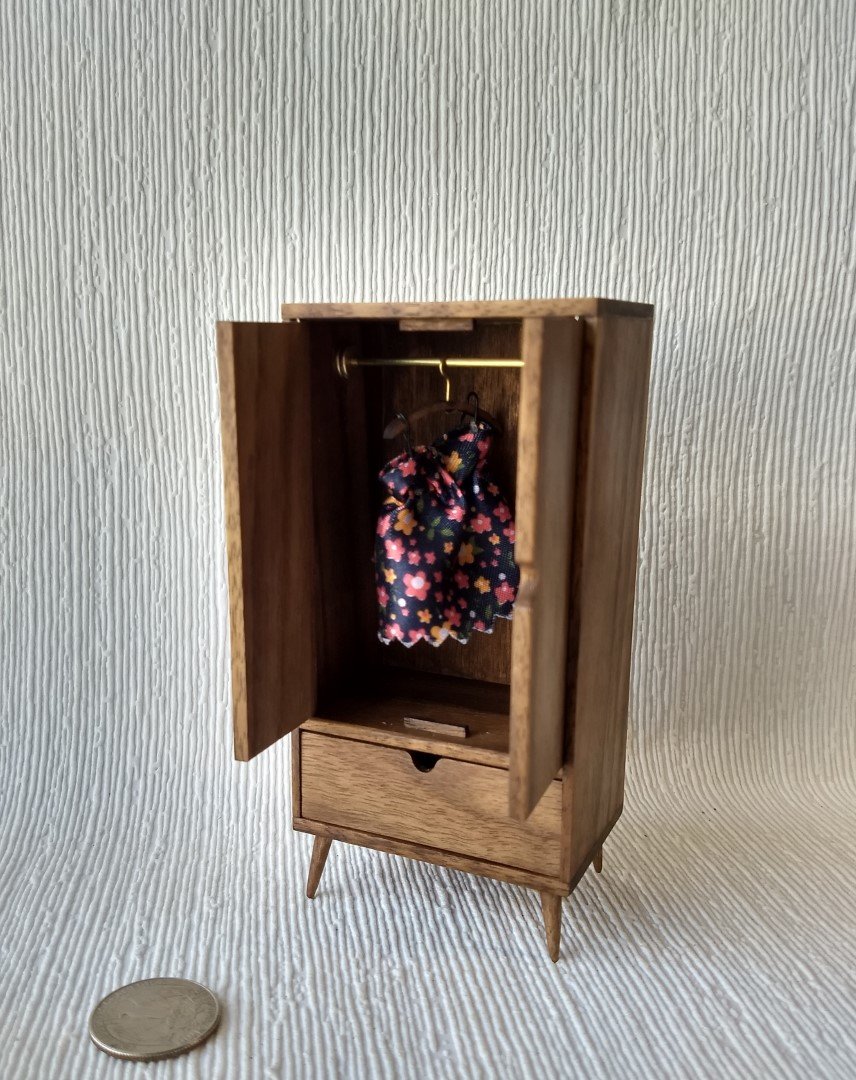 1:12 Dollhouse mid-century style wardrobe in walnut MCM armoire comes with 3 clothes hangers