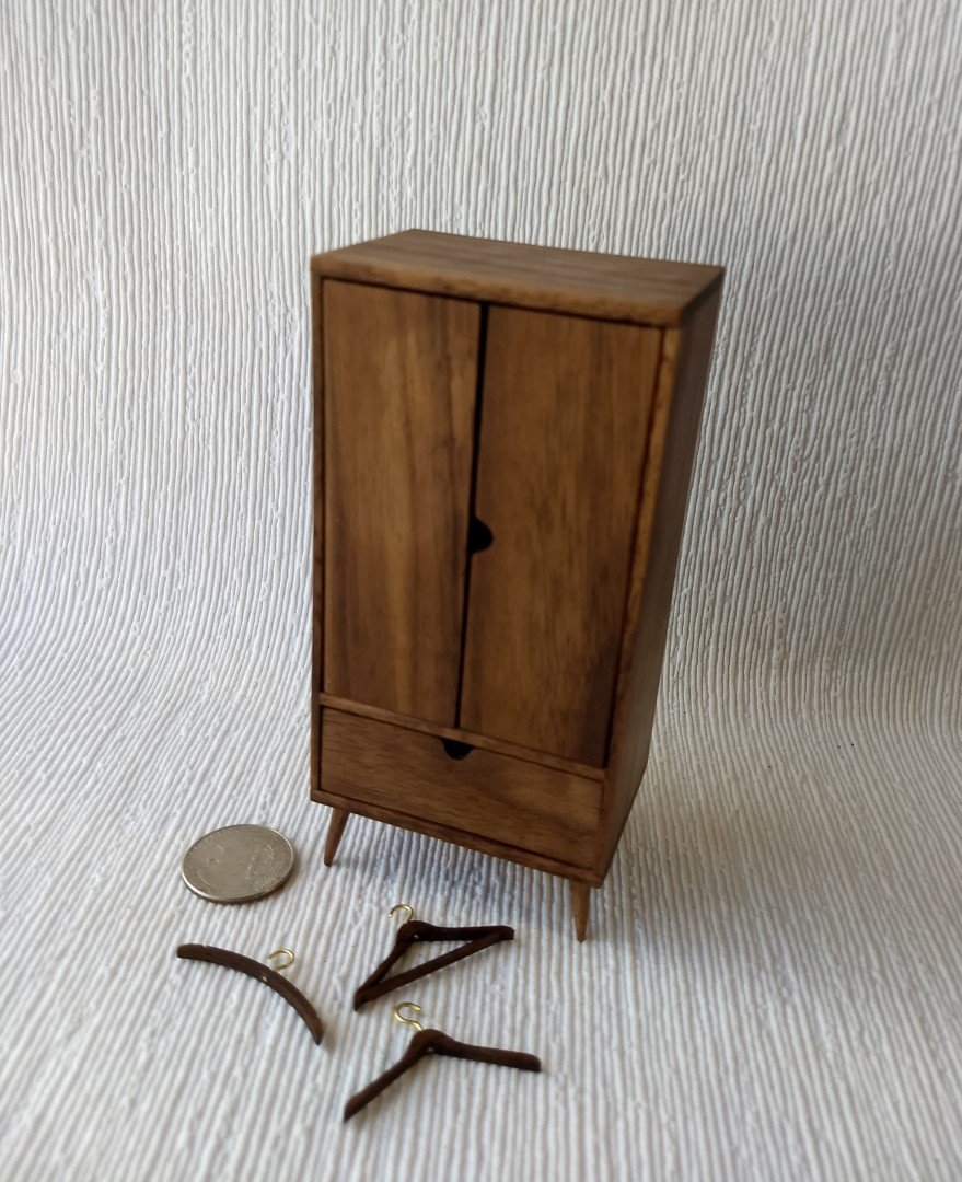 1:12 Dollhouse mid-century style wardrobe in walnut MCM armoire comes with 3 clothes hangers