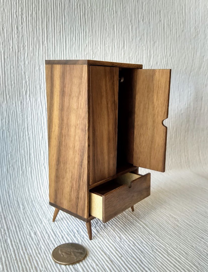 1:12 Dollhouse mid-century style wardrobe in walnut MCM armoire comes with 3 clothes hangers