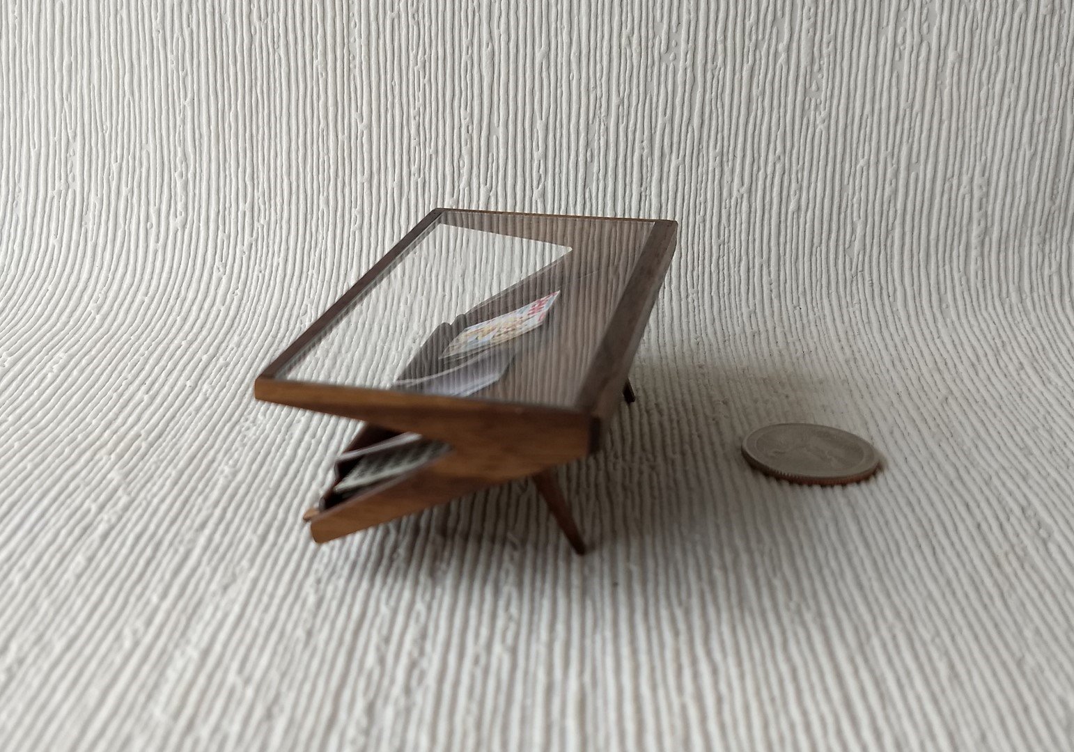 1:12 Dollhouse Mid-century styled coffee table acrylic top MCM magazine display coffee table in solid walnut wood