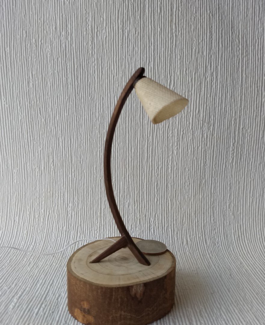 1:12 Dollhouse mid-century style walnut sculptural floor lamp Battery operated bow lamp with tripod legs and external wires