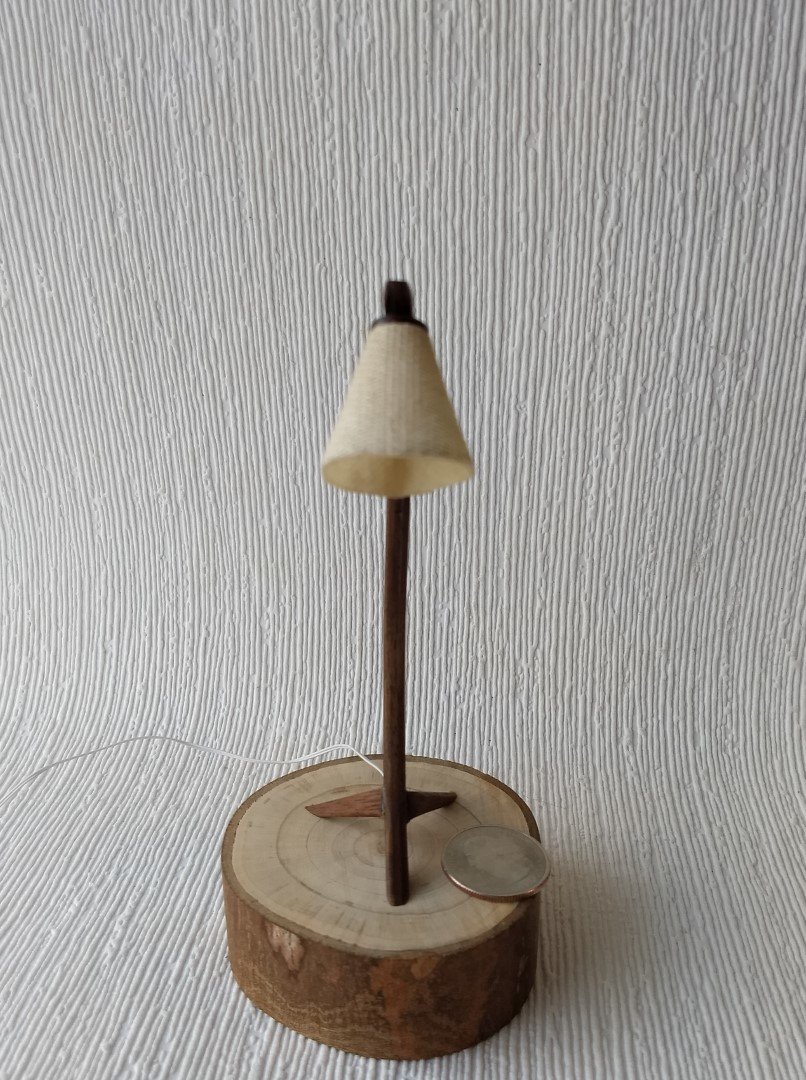 1:12 Dollhouse mid-century style walnut sculptural floor lamp Battery operated bow lamp with tripod legs and external wires