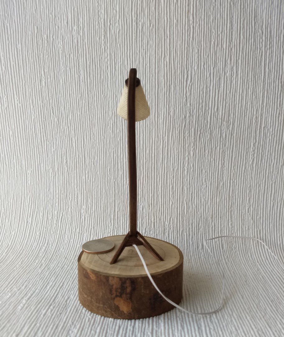 1:12 Dollhouse mid-century style walnut sculptural floor lamp Battery operated bow lamp with tripod legs and external wires