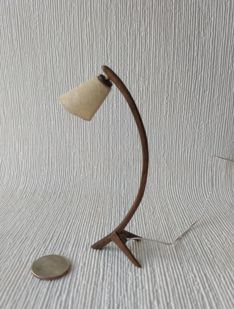 1:12 Dollhouse mid-century style walnut sculptural floor lamp Battery operated bow lamp with tripod legs and external wires