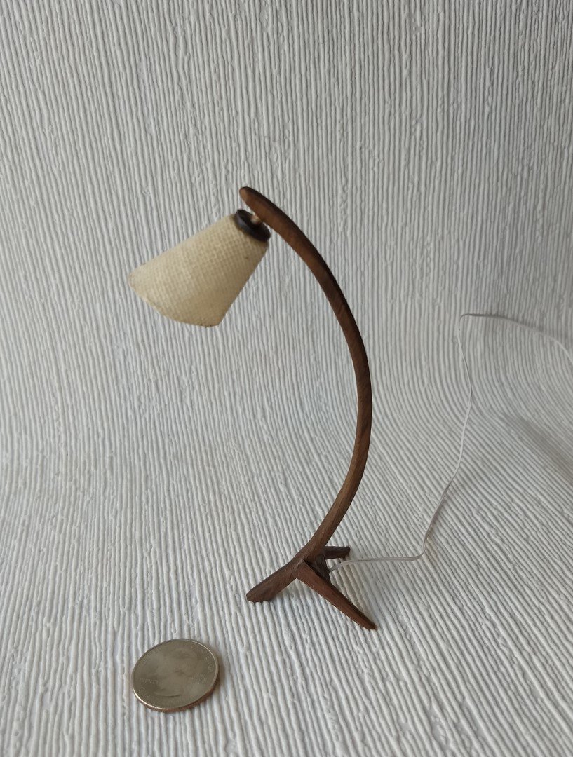 1:12 Dollhouse mid-century style walnut sculptural floor lamp Battery operated bow lamp with tripod legs and external wires