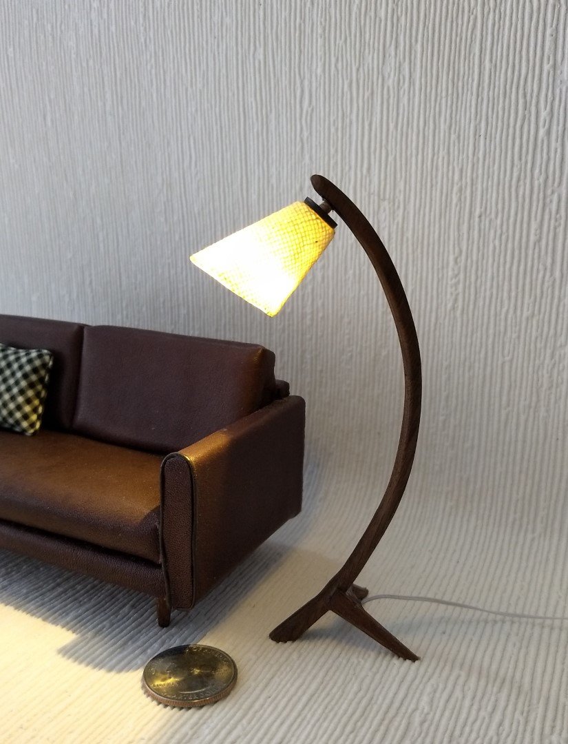 1:12 Dollhouse mid-century style walnut sculptural floor lamp Battery operated bow lamp with tripod legs and external wires