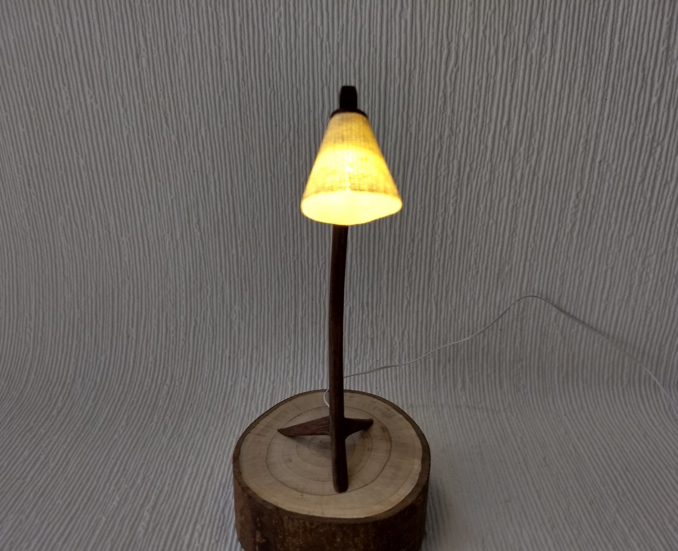 1:12 Dollhouse mid-century style walnut sculptural floor lamp Battery operated bow lamp with tripod legs and external wires