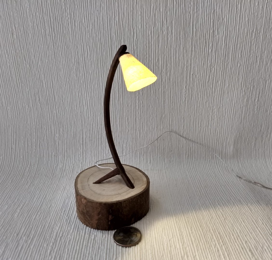 1:12 Dollhouse mid-century style walnut sculptural floor lamp Battery operated bow lamp with tripod legs and external wires