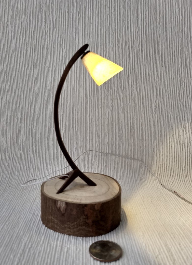 1:12 Dollhouse mid-century style walnut sculptural floor lamp Battery operated bow lamp with tripod legs and external wires