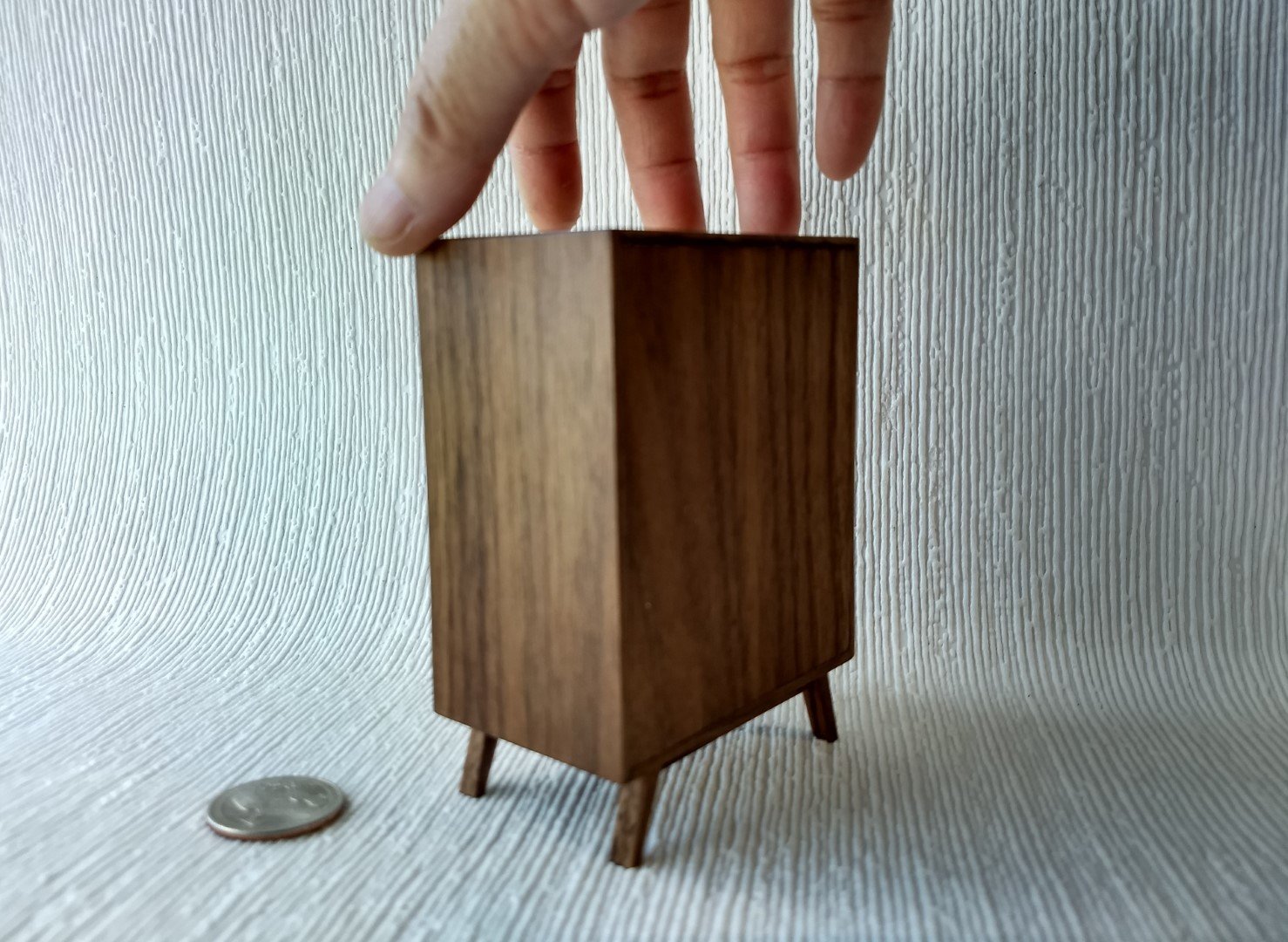 1:12 Dollhouse mid-century style bar cabinet in solid walnut with splayed legs and four wine glasses