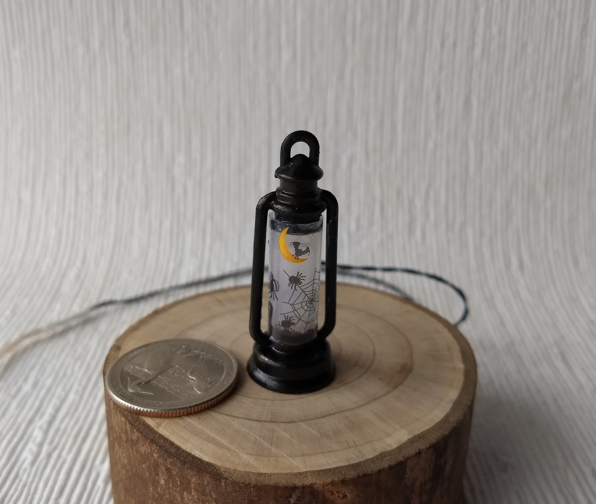 1:12 Dollhouse miniature Halloween themed lantern Battery operated metal lantern with external wires (Ref Spiderweb)